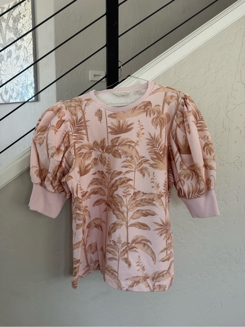 Ted Baker Pink and Tan Tropical Puff-Sleeve Sweatshirt